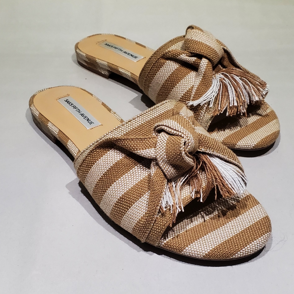 Saks Fifth Ave Fabric Espadrille Cream And Tan Stripes, New, Sz7 Bow And Tassel
